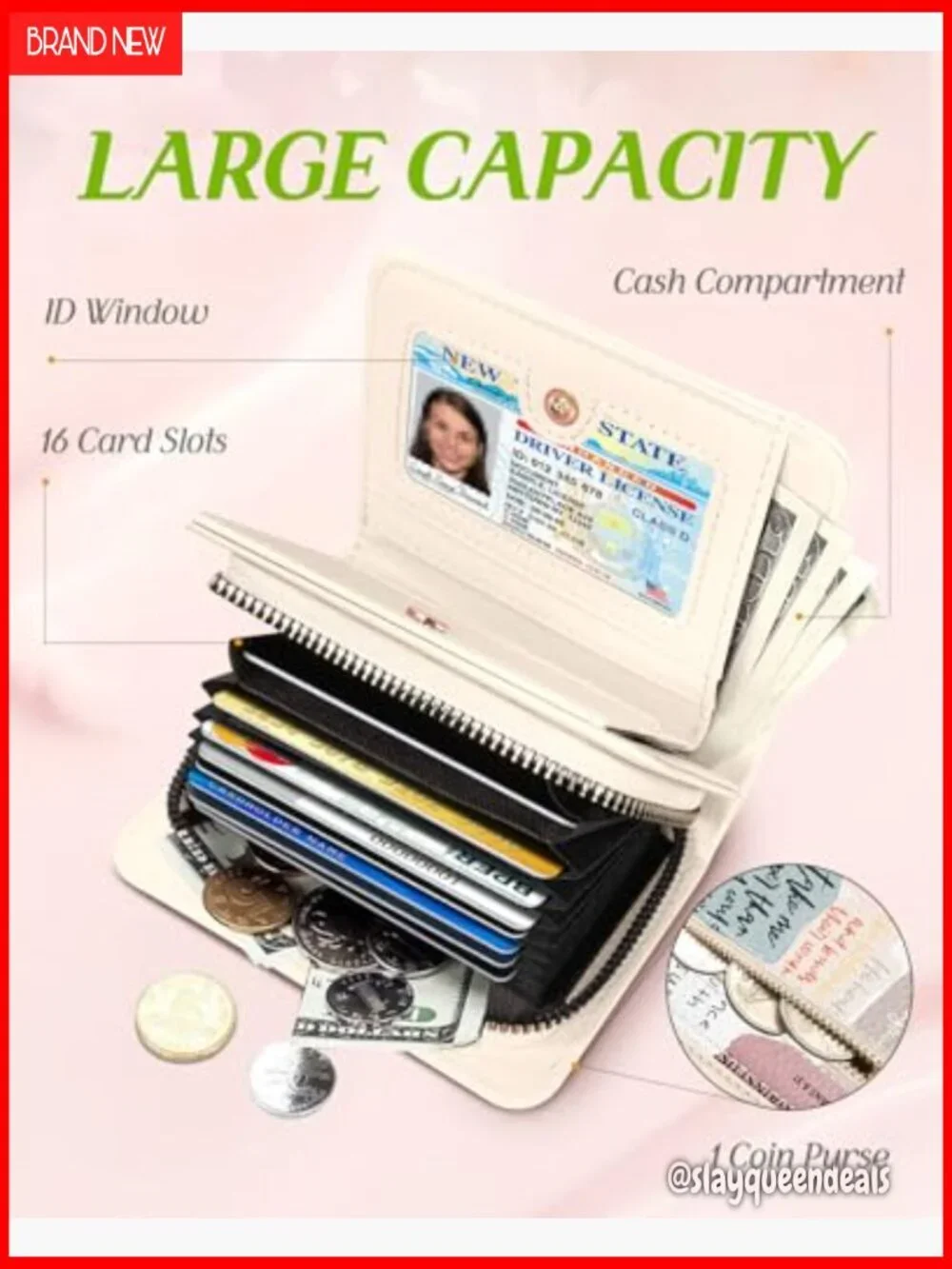 Leather RFID Wallet with Zipper, 15 Card Slots, Coin Pocket, Accordion Style